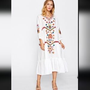 Zara Embroidered Floral Boho Midi Maxi Dress Folk